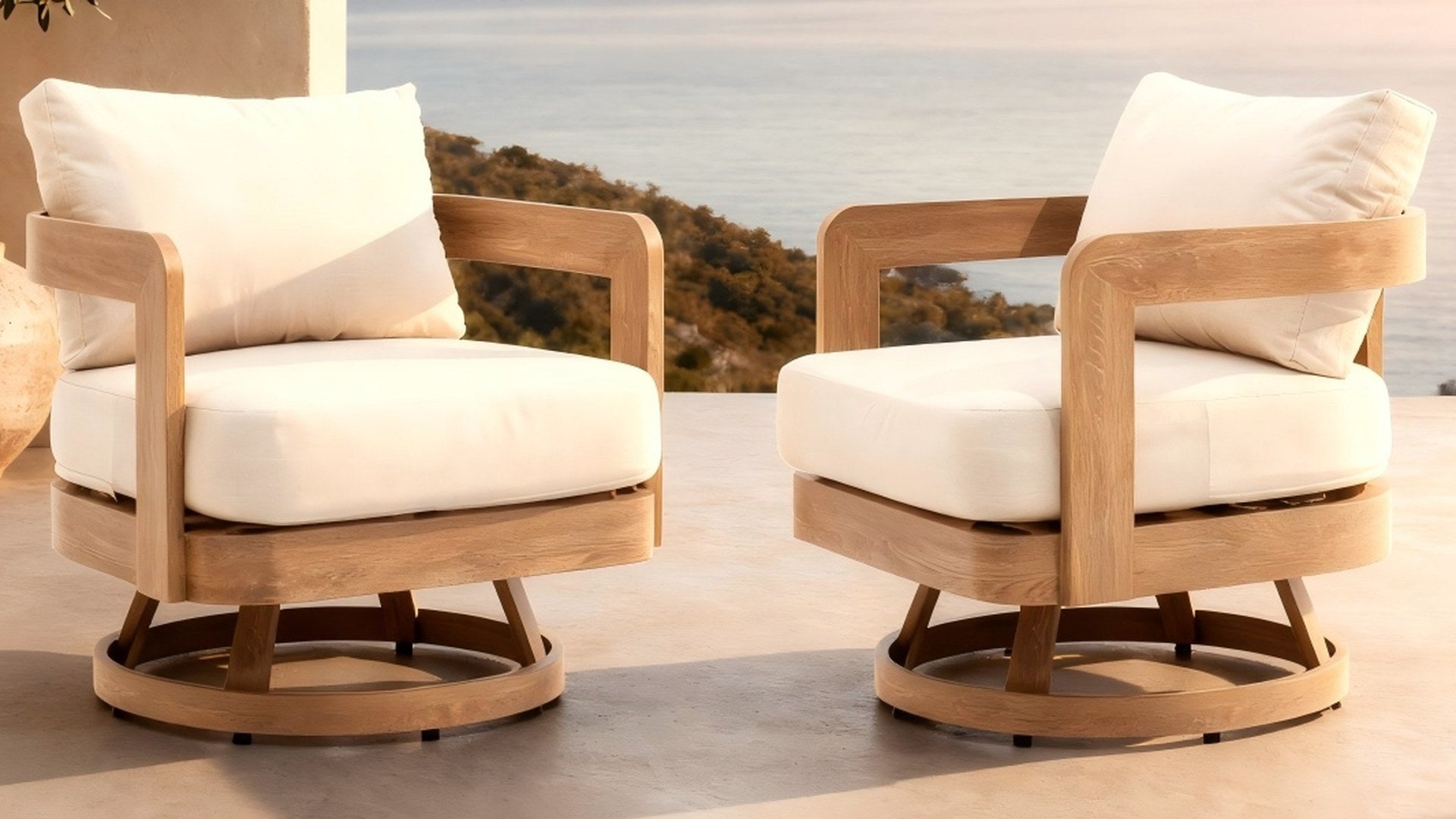 DALA swivel armchairs on an ocean terrace · Natural Wood